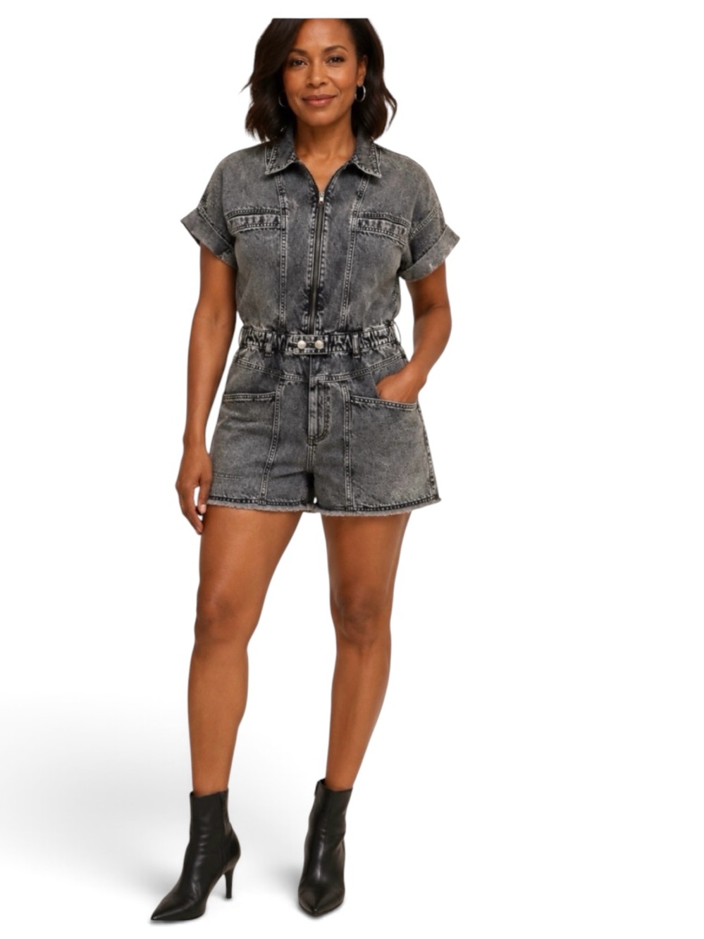 Forever 21 Blue Acid Wash Retro Vibes Denim Utility Romper Zipper Front Closure